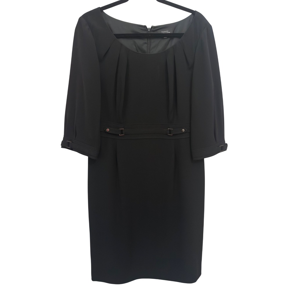 Tahari ASL Sheath Dress Black Pleated Scoop Neck 3/4 Sleeve Tab LBD Size 12